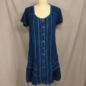 Boho Indian Dress Denim Blue Short Sleeve Embroidered mk Lg w/ Measurements